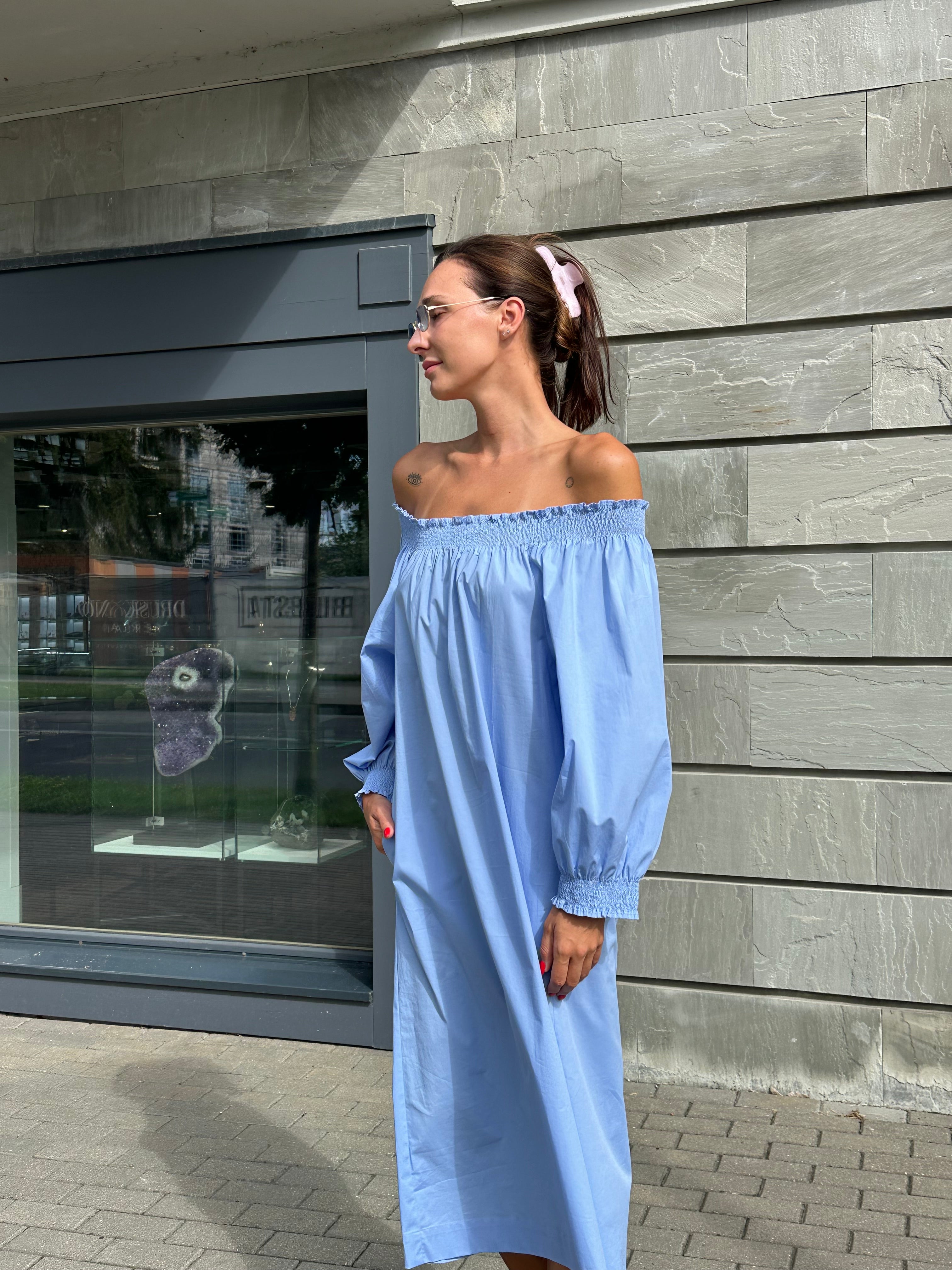 MADRESS | Blue Cotton Off-the-Shoulder Dress