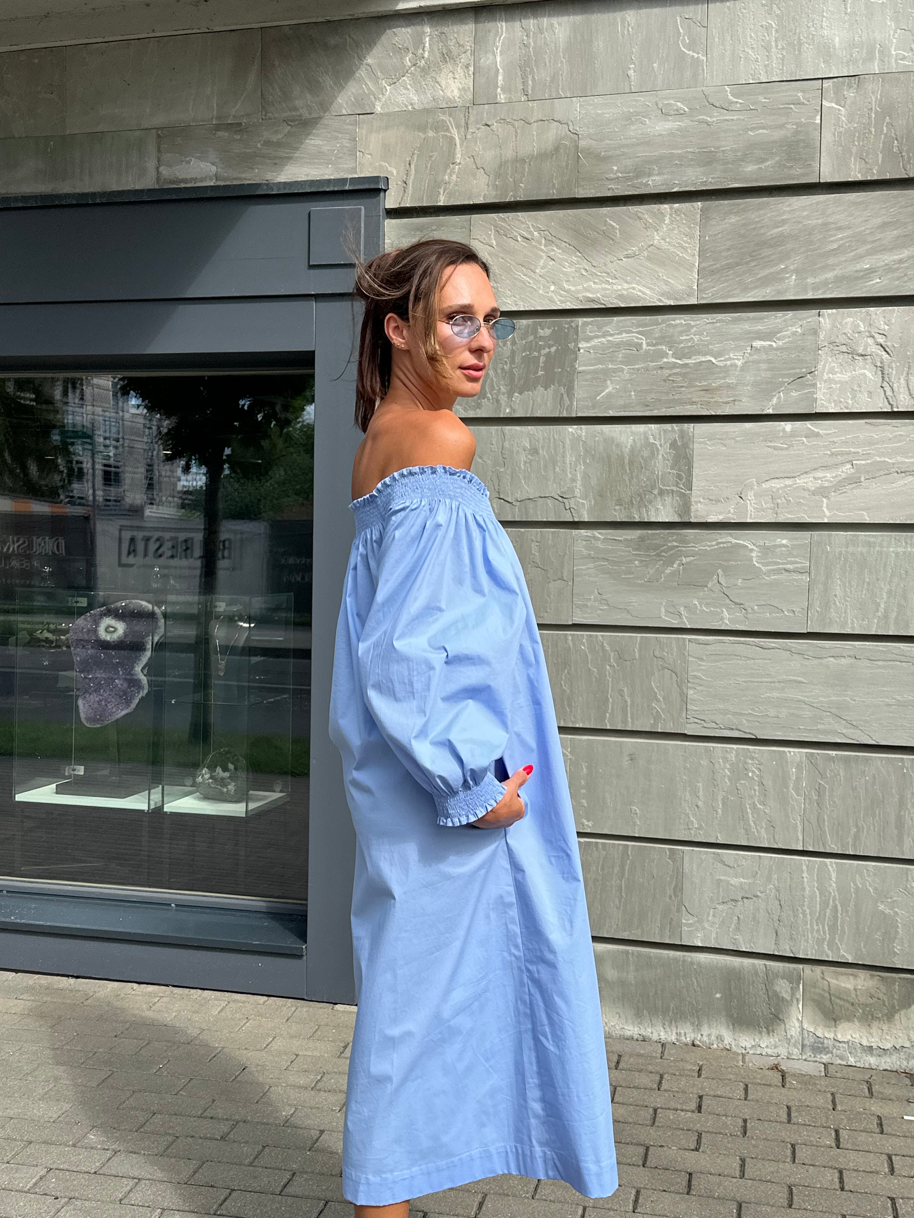 MADRESS | Blue Cotton Off-the-Shoulder Dress