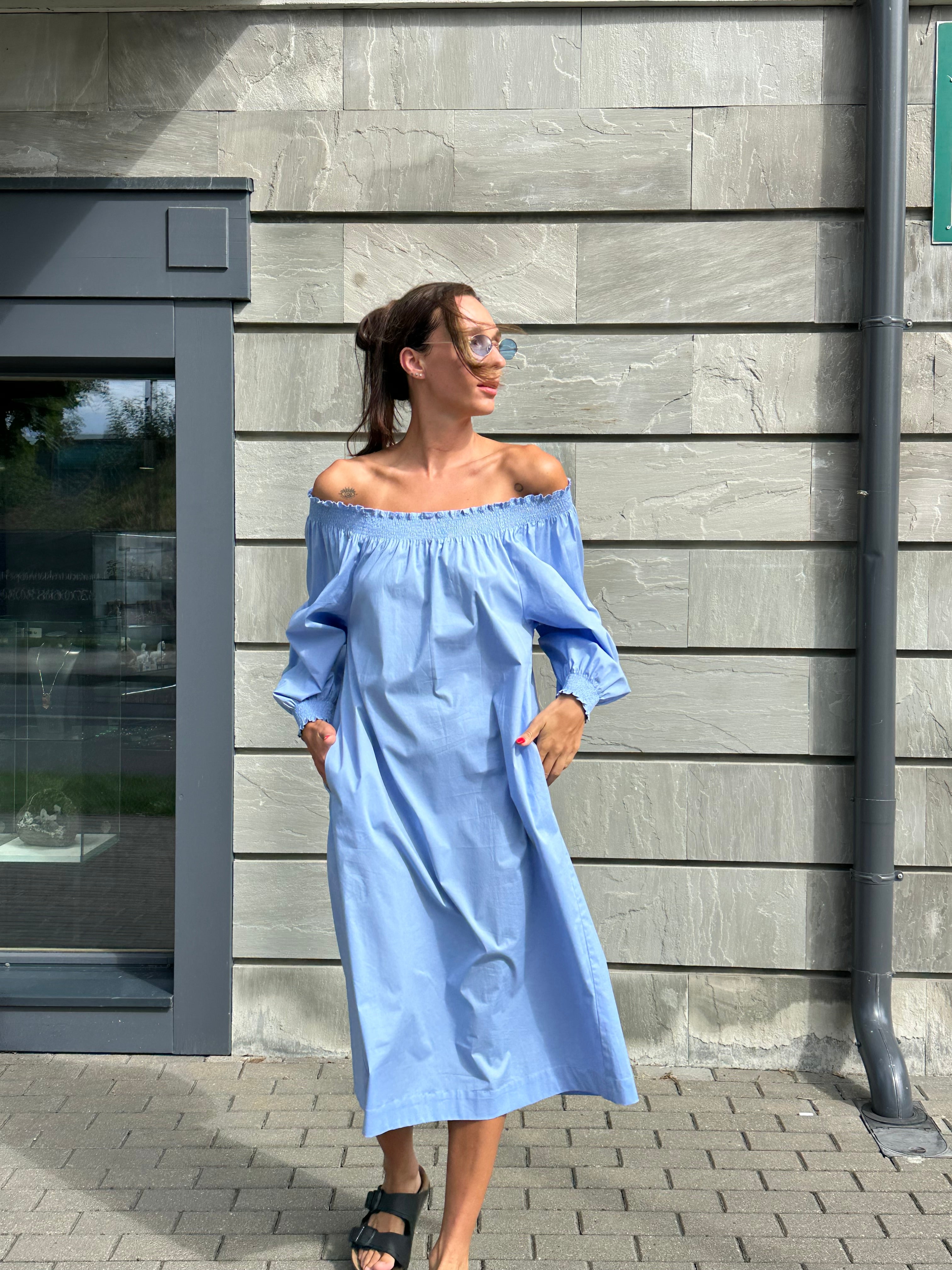 MADRESS | Blue Cotton Off-the-Shoulder Dress