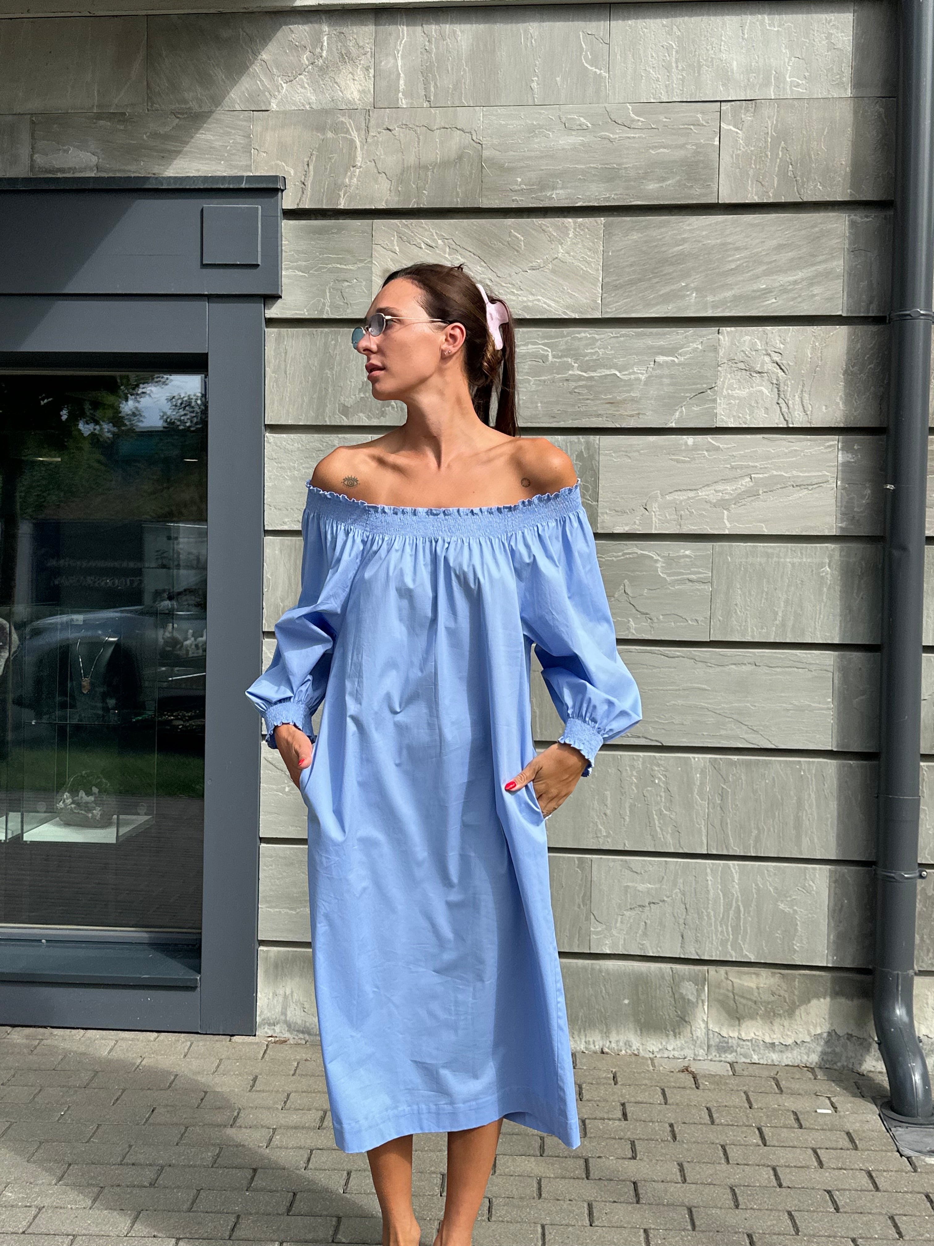 MADRESS | Blue Cotton Off-the-Shoulder Dress