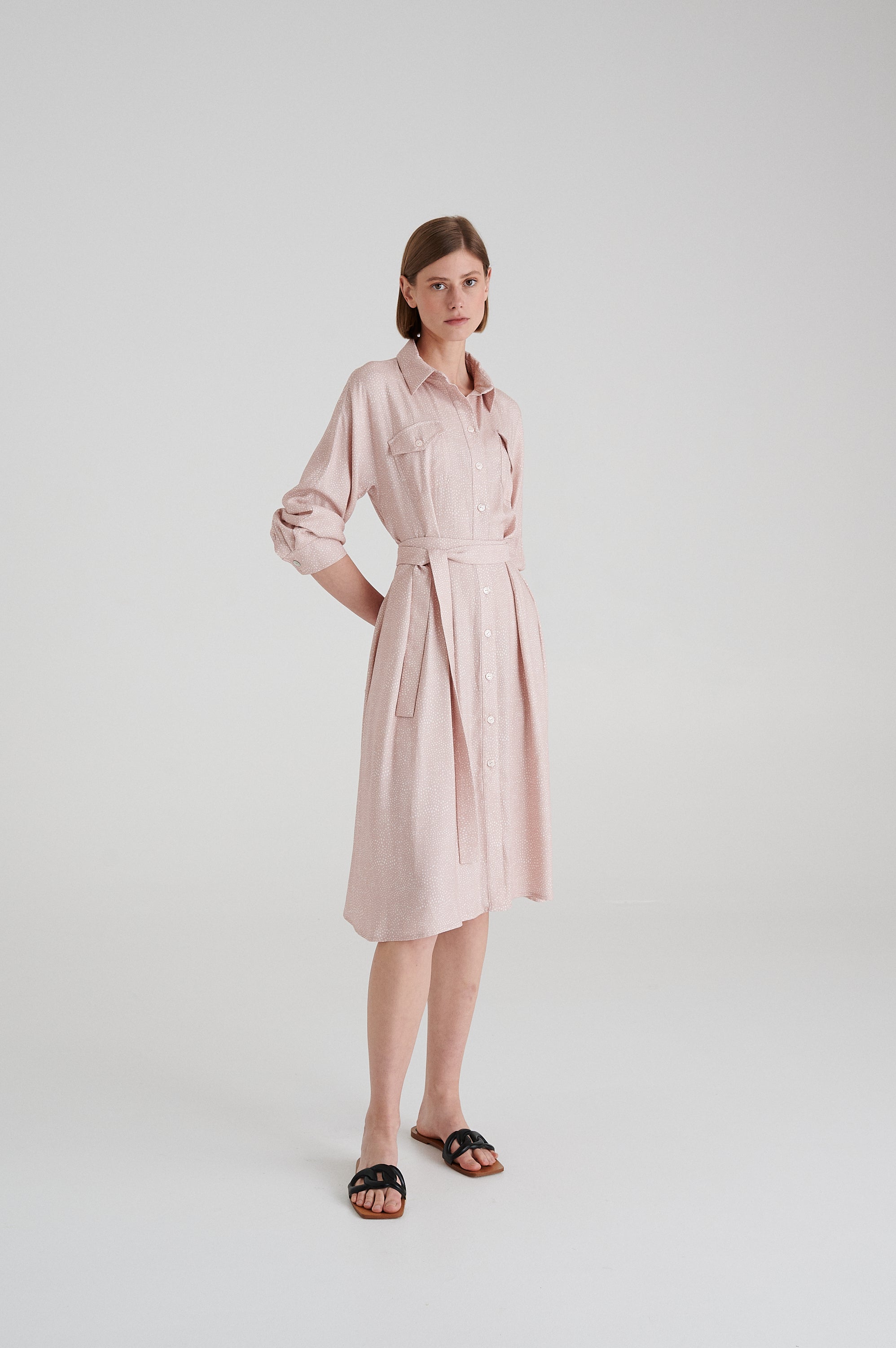 MADRESS | BABY PINK PRINTED SHIRT DRESS
